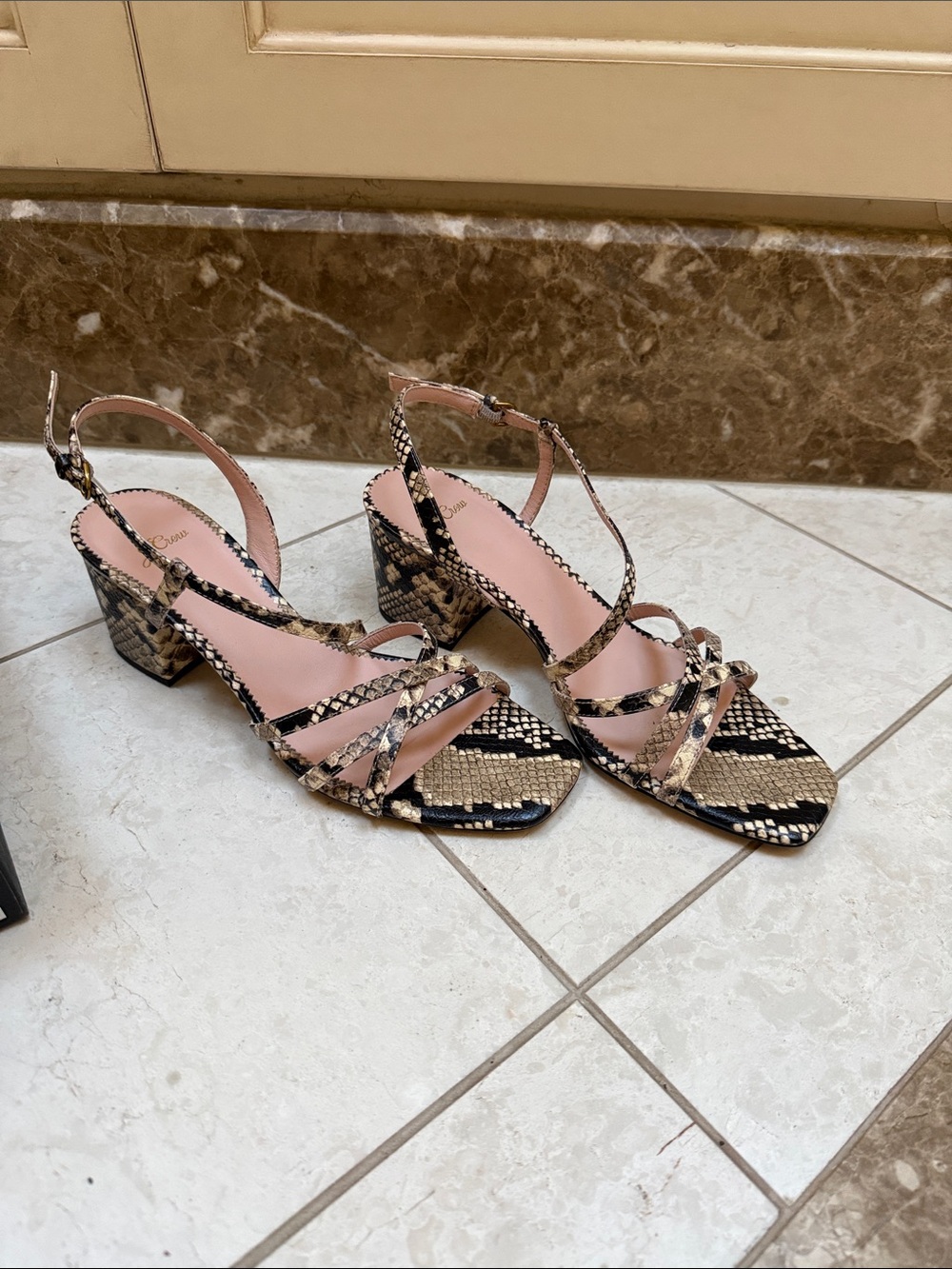 J. Crew Snake-Print Strappy Block Heels in Pink and Beige